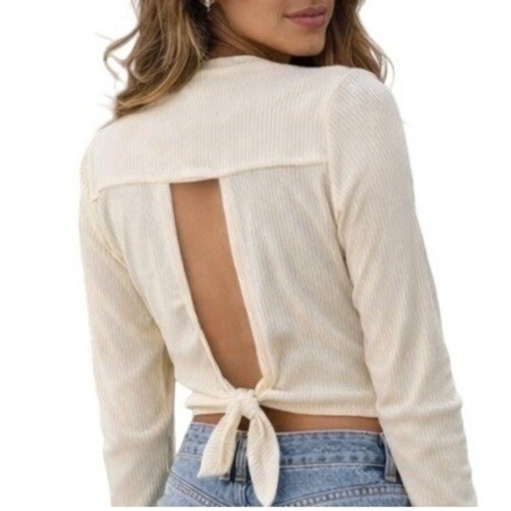 Cream Ribbed Open Back Crop Top Bell Sleeve Tie Back Boho Festival Band of Free
